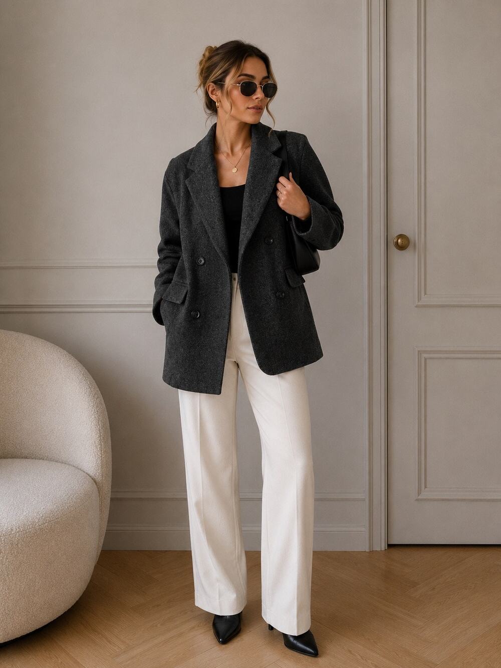 Women’s Gray Double Breasted Wool Blend Peacoat Jacket Long Coat Classic S M - Picture 1 of 10